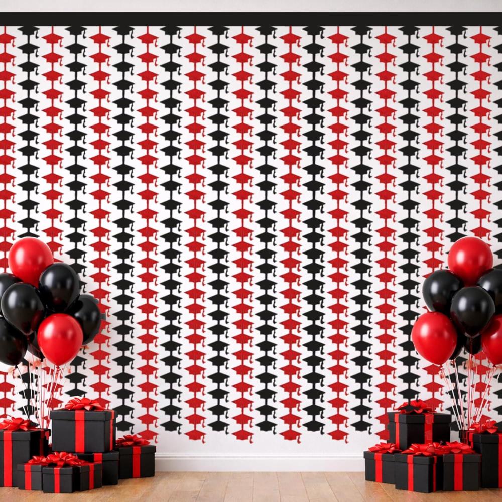 image:imageGraduation Decoration 2026  Red Black Graduation Cap Tinsel Streamers Backdrop Banner  Grad Photo Booth Props Party Favors Supplies Indoor Outdoor  Graduation Party Decorations2 PackBlack and Red