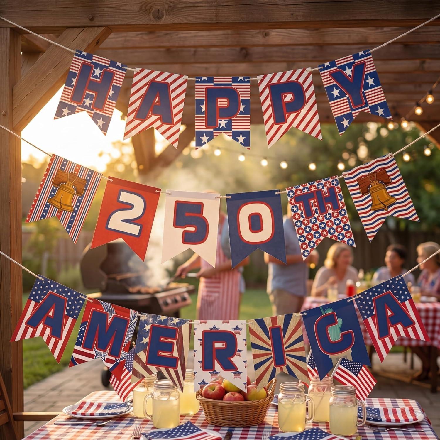 image:image4th of July Decorations 250 Year Anniversary Banner Fourth of July Decor Outdoor Indoor Outside July 4th Garland Accessories for Party Favors Supplies Window Wall DoorRed Bule White