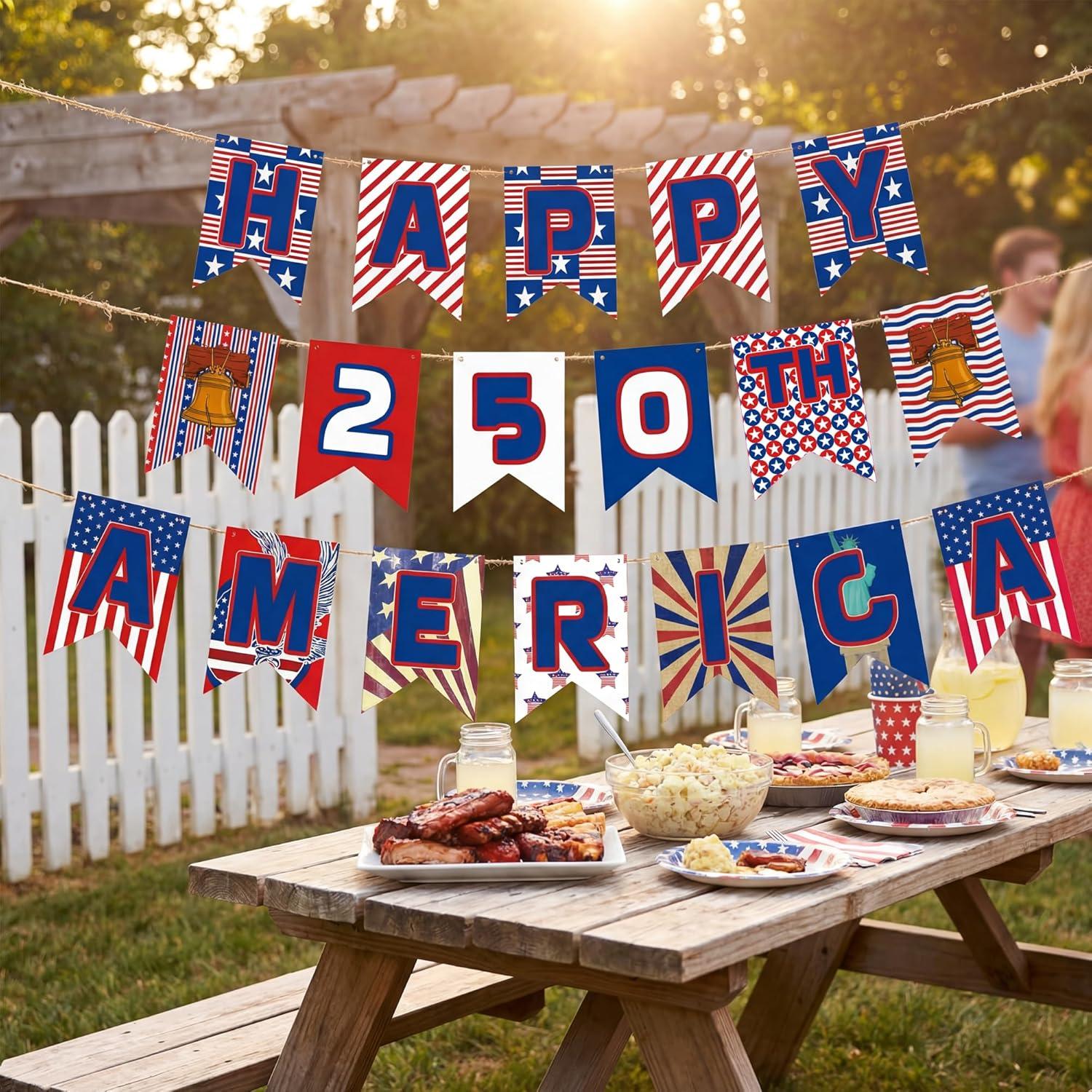 image:image4th of July Decorations 250 Year Anniversary Banner Fourth of July Decor Outdoor Indoor Outside July 4th Garland Accessories for Party Favors Supplies Window Wall DoorRed Bule White