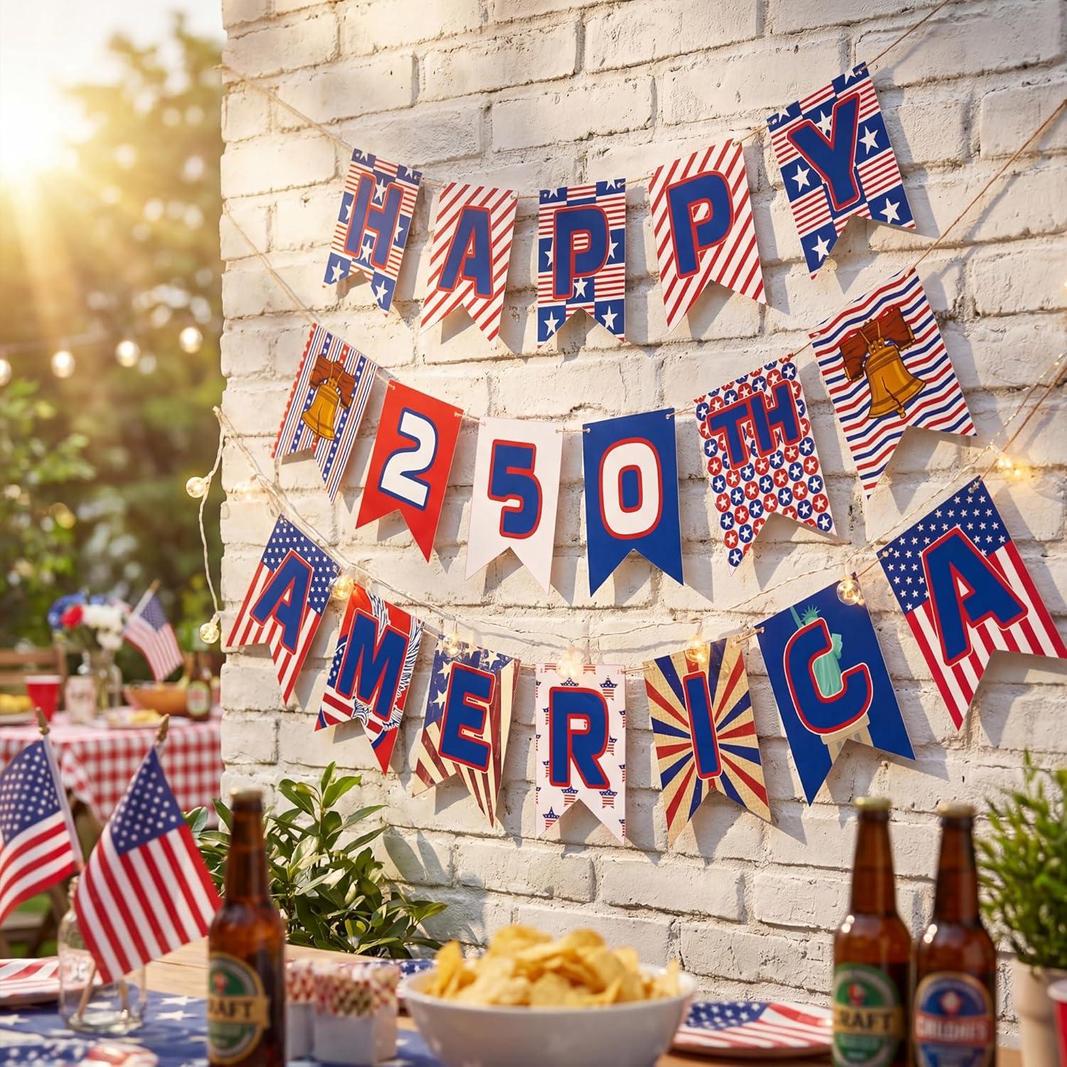 image:image4th of July Decorations 250 Year Anniversary Banner Fourth of July Decor Outdoor Indoor Outside July 4th Garland Accessories for Party Favors Supplies Window Wall DoorRed Bule White