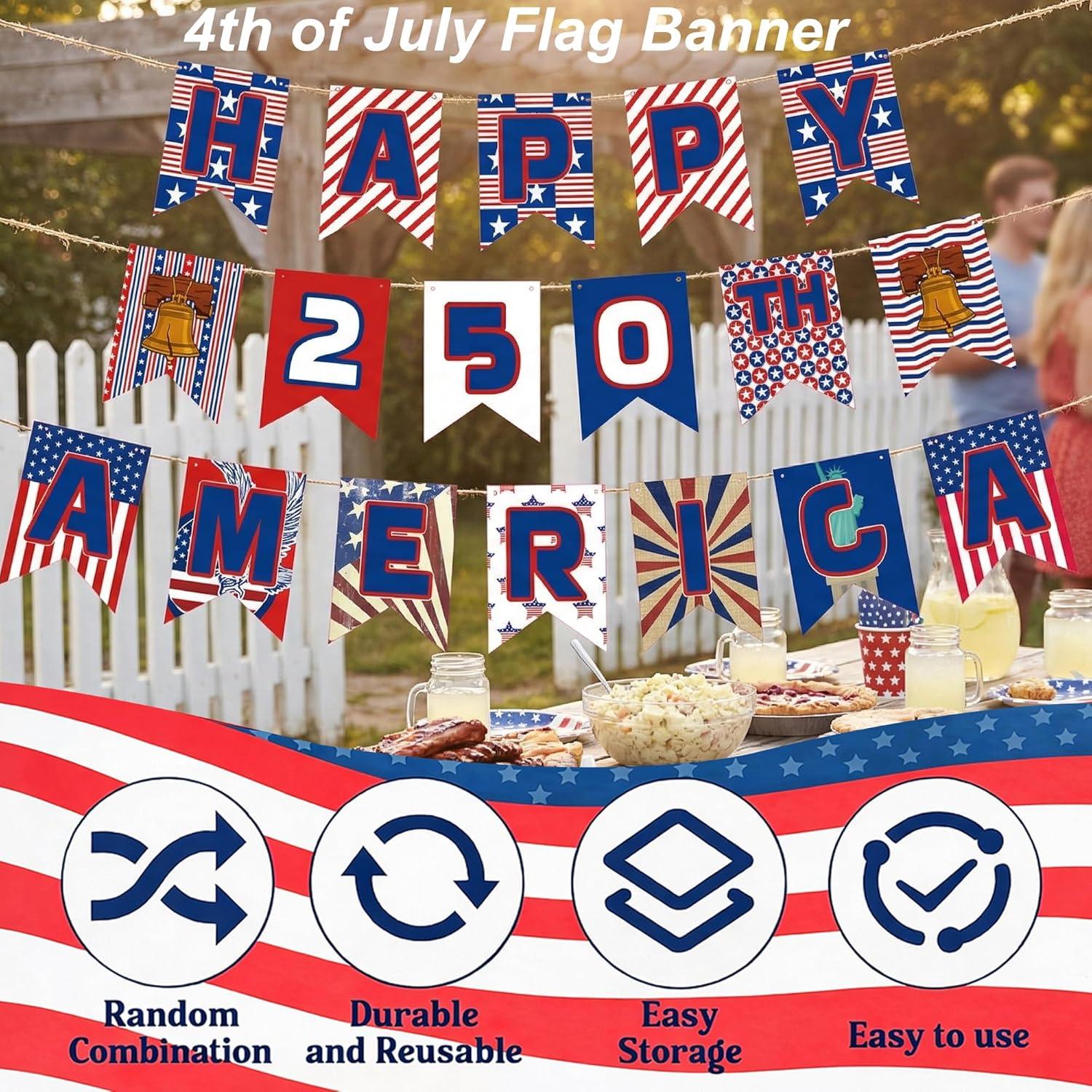 image:image4th of July Decorations 250 Year Anniversary Banner Fourth of July Decor Outdoor Indoor Outside July 4th Garland Accessories for Party Favors Supplies Window Wall DoorRed Bule White