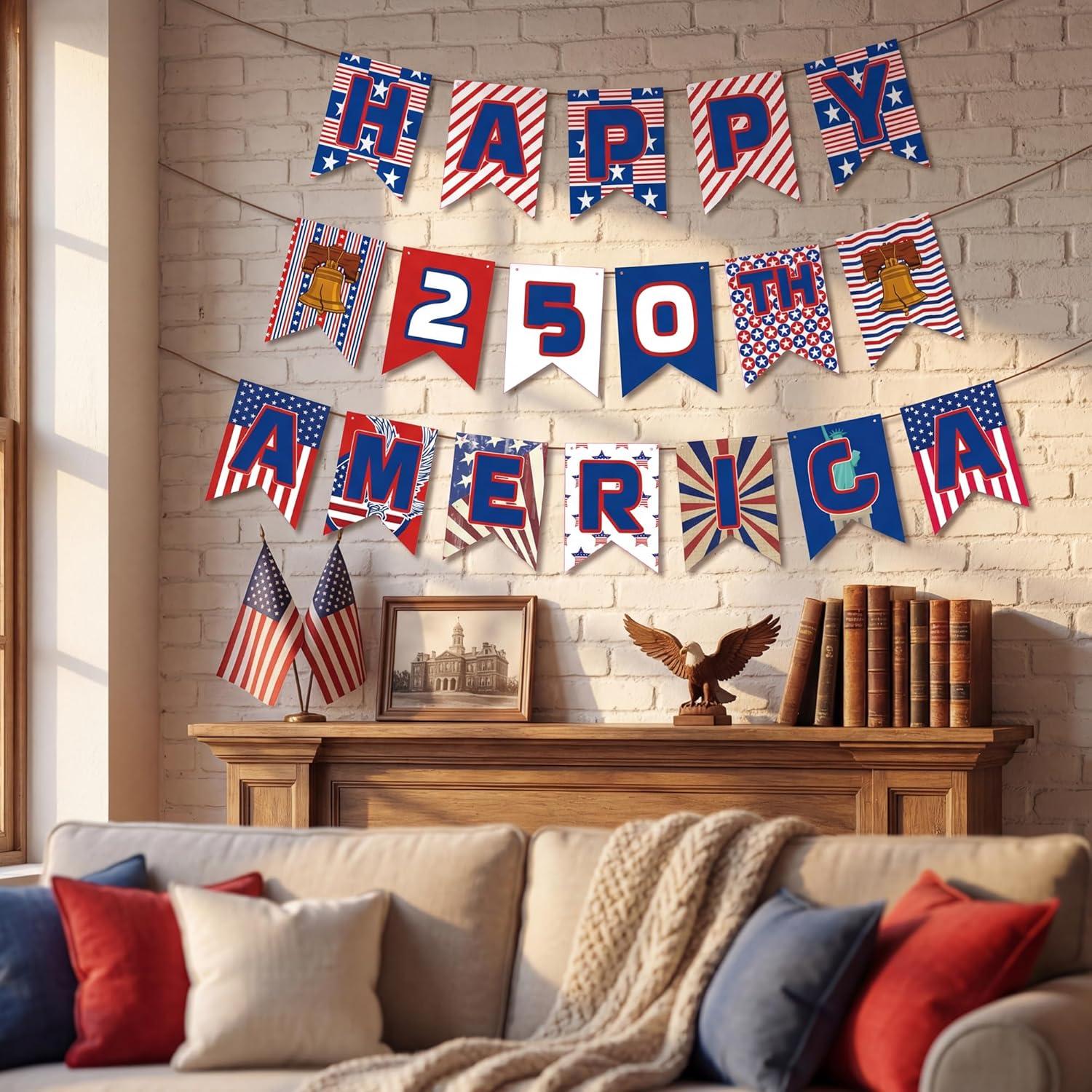 image:image4th of July Decorations 250 Year Anniversary Banner Fourth of July Decor Outdoor Indoor Outside July 4th Garland Accessories for Party Favors Supplies Window Wall DoorRed Bule White