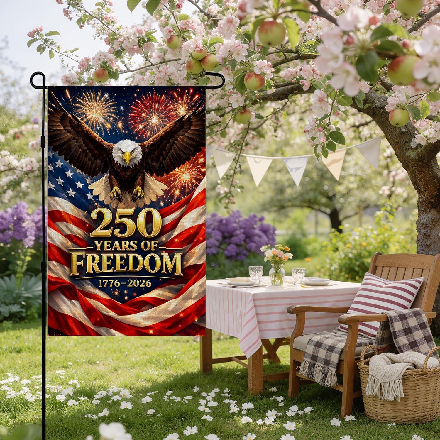 image:image4th of July Decorations 250th Anniversary Garden Flag 250 Years of Freedom Patriotic Banner Fourth of July Accessories for Garden Yard Porch Patio Lawn Outdoor Outside DecorRed Blue White
