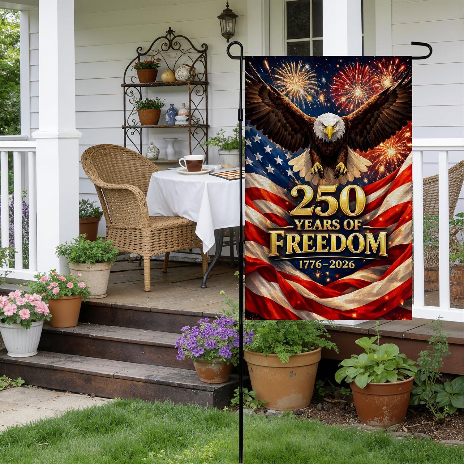 image:image4th of July Decorations 250th Anniversary Garden Flag 250 Years of Freedom Patriotic Banner Fourth of July Accessories for Garden Yard Porch Patio Lawn Outdoor Outside DecorRed Blue White