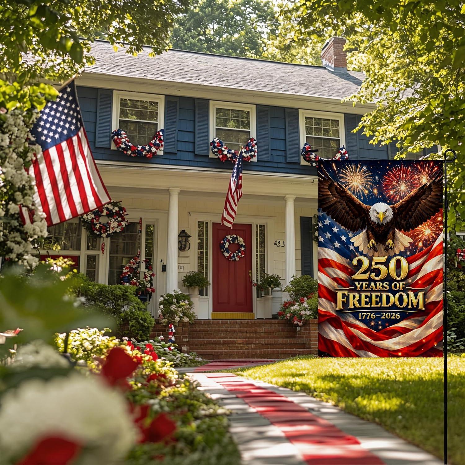 image:image4th of July Decorations 250th Anniversary Garden Flag 250 Years of Freedom Patriotic Banner Fourth of July Accessories for Garden Yard Porch Patio Lawn Outdoor Outside DecorRed Blue White