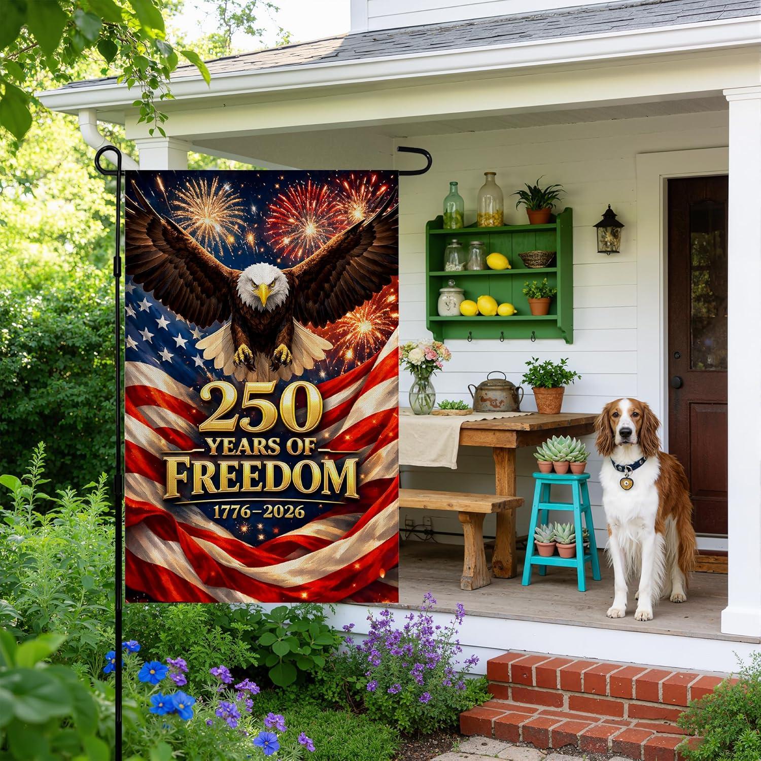 image:image4th of July Decorations 250th Anniversary Garden Flag 250 Years of Freedom Patriotic Banner Fourth of July Accessories for Garden Yard Porch Patio Lawn Outdoor Outside DecorRed Blue White