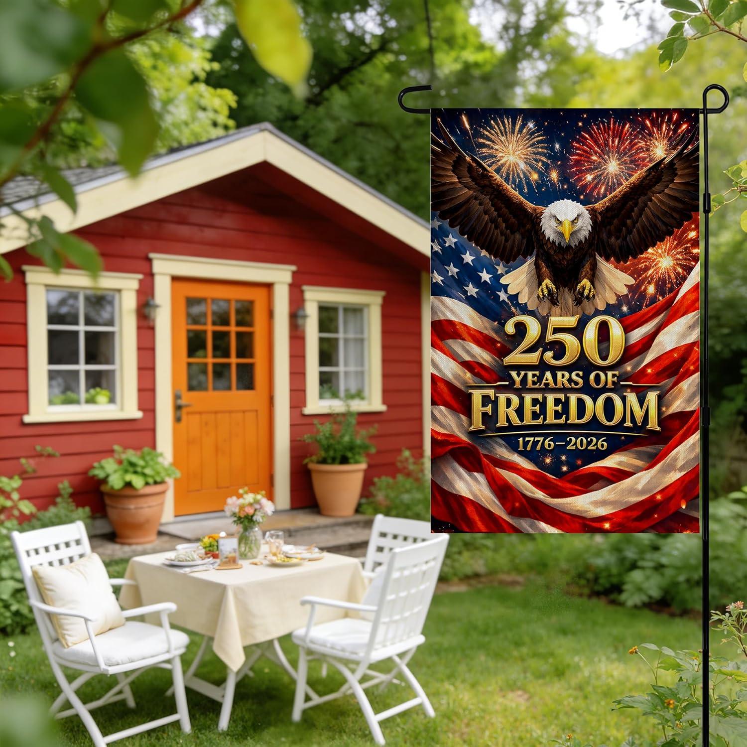 image:image4th of July Decorations 250th Anniversary Garden Flag 250 Years of Freedom Patriotic Banner Fourth of July Accessories for Garden Yard Porch Patio Lawn Outdoor Outside DecorRed Blue White