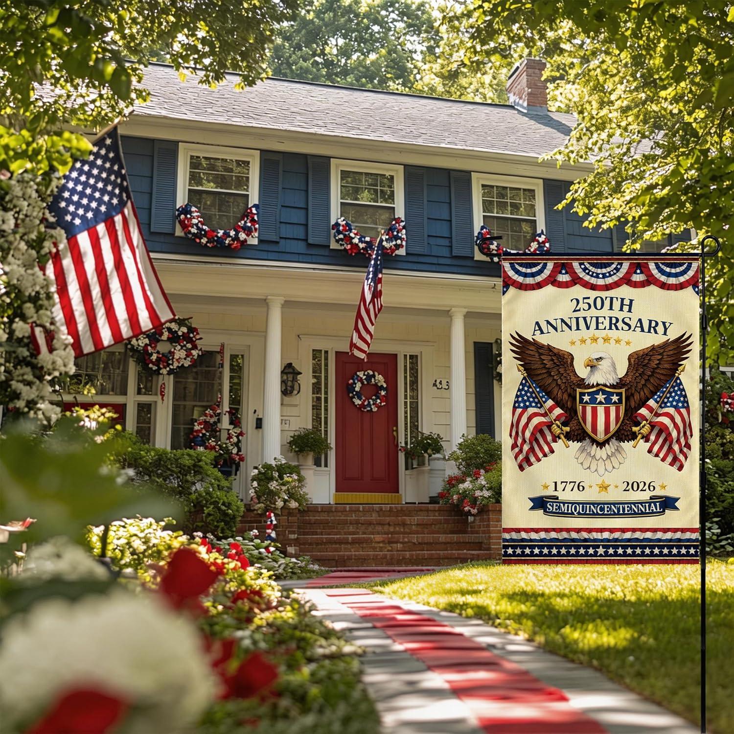 image:image4th of July Decorations 250th Anniversary Garden Flag Fourth of July Decor Patriotic USA Banner17762026 Independence Day Decorations Accessories for Garden Yard Porch Patio Lawn Outdoor OutsideRed and Blue