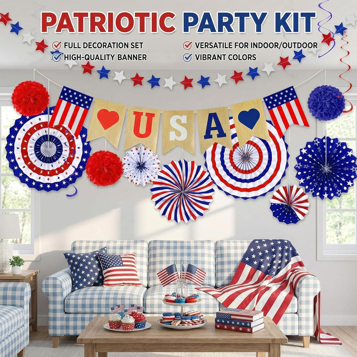 image:image4th of July Decorations 26 PCS Patriotic USA Banner Star Streamer Paper Fans Hanging Swirls Pompoms Set for Memorial Day 250th Anniversary Accessories Party Favors for Indoor Outdoor Home