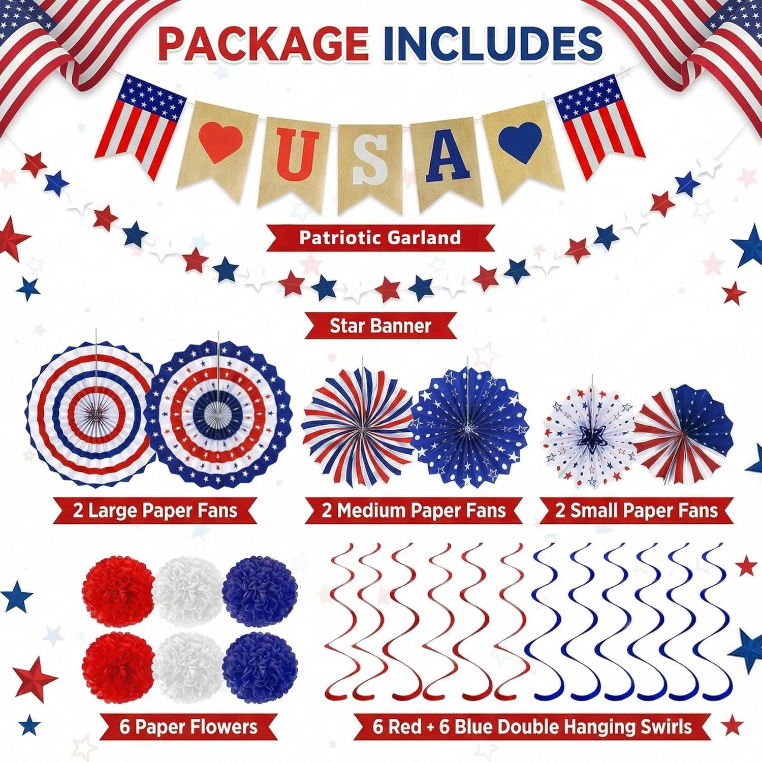 image:image4th of July Decorations 26 PCS Patriotic USA Banner Star Streamer Paper Fans Hanging Swirls Pompoms Set for Memorial Day 250th Anniversary Accessories Party Favors for Indoor Outdoor Home