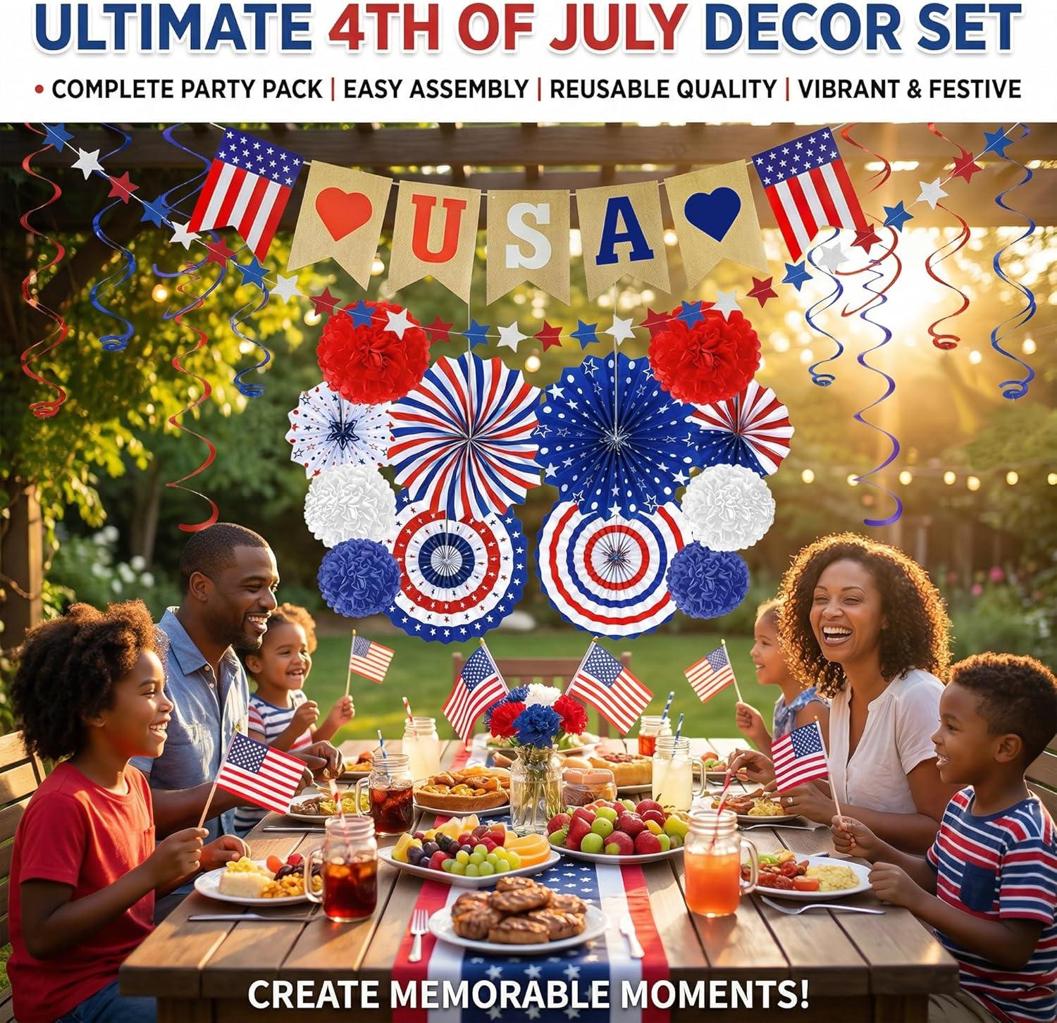 image:image4th of July Decorations 26 PCS Patriotic USA Banner Star Streamer Paper Fans Hanging Swirls Pompoms Set for Memorial Day 250th Anniversary Accessories Party Favors for Indoor Outdoor Home