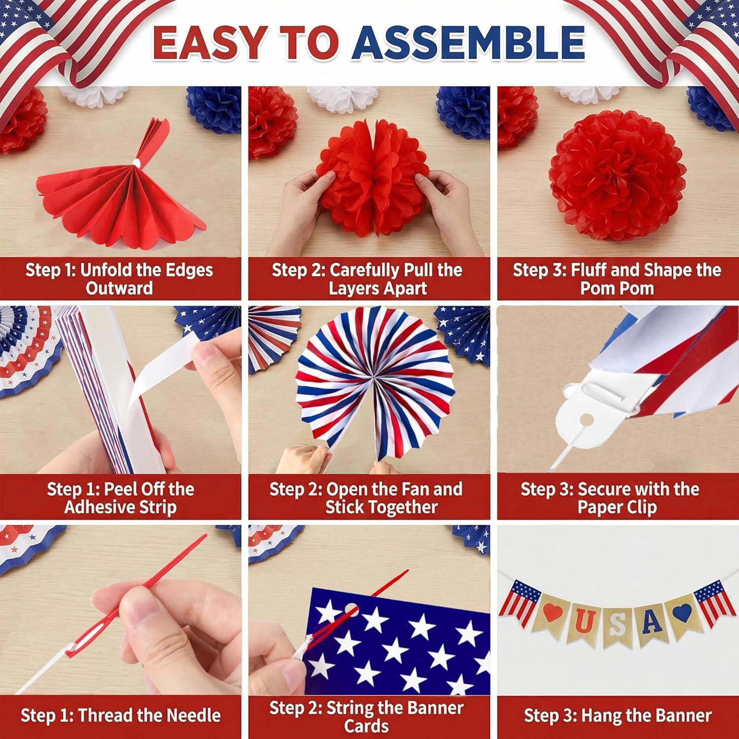 image:image4th of July Decorations 26 PCS Patriotic USA Banner Star Streamer Paper Fans Hanging Swirls Pompoms Set for Memorial Day 250th Anniversary Accessories Party Favors for Indoor Outdoor Home