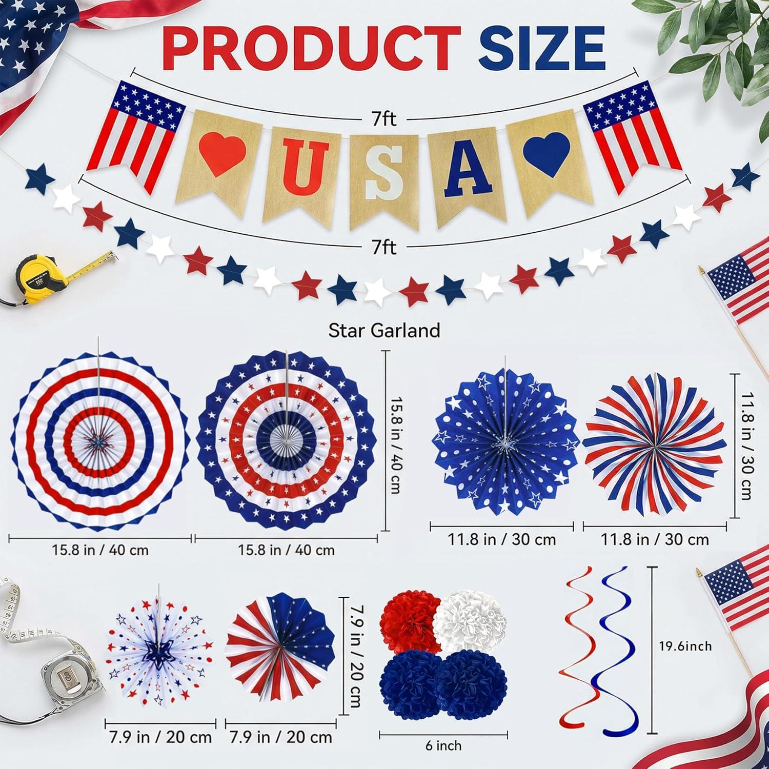 image:image4th of July Decorations 26 PCS Patriotic USA Banner Star Streamer Paper Fans Hanging Swirls Pompoms Set for Memorial Day 250th Anniversary Accessories Party Favors for Indoor Outdoor Home