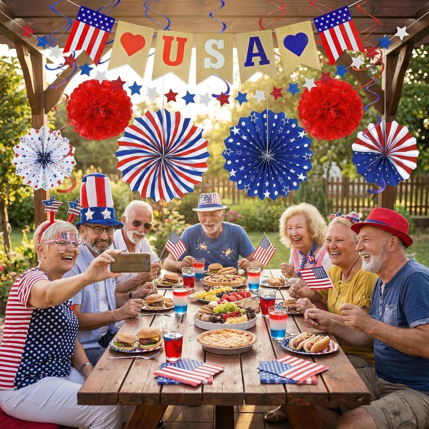 image:image4th of July Decorations 26 PCS Patriotic USA Banner Star Streamer Paper Fans Hanging Swirls Pompoms Set for Memorial Day 250th Anniversary Accessories Party Favors for Indoor Outdoor Home