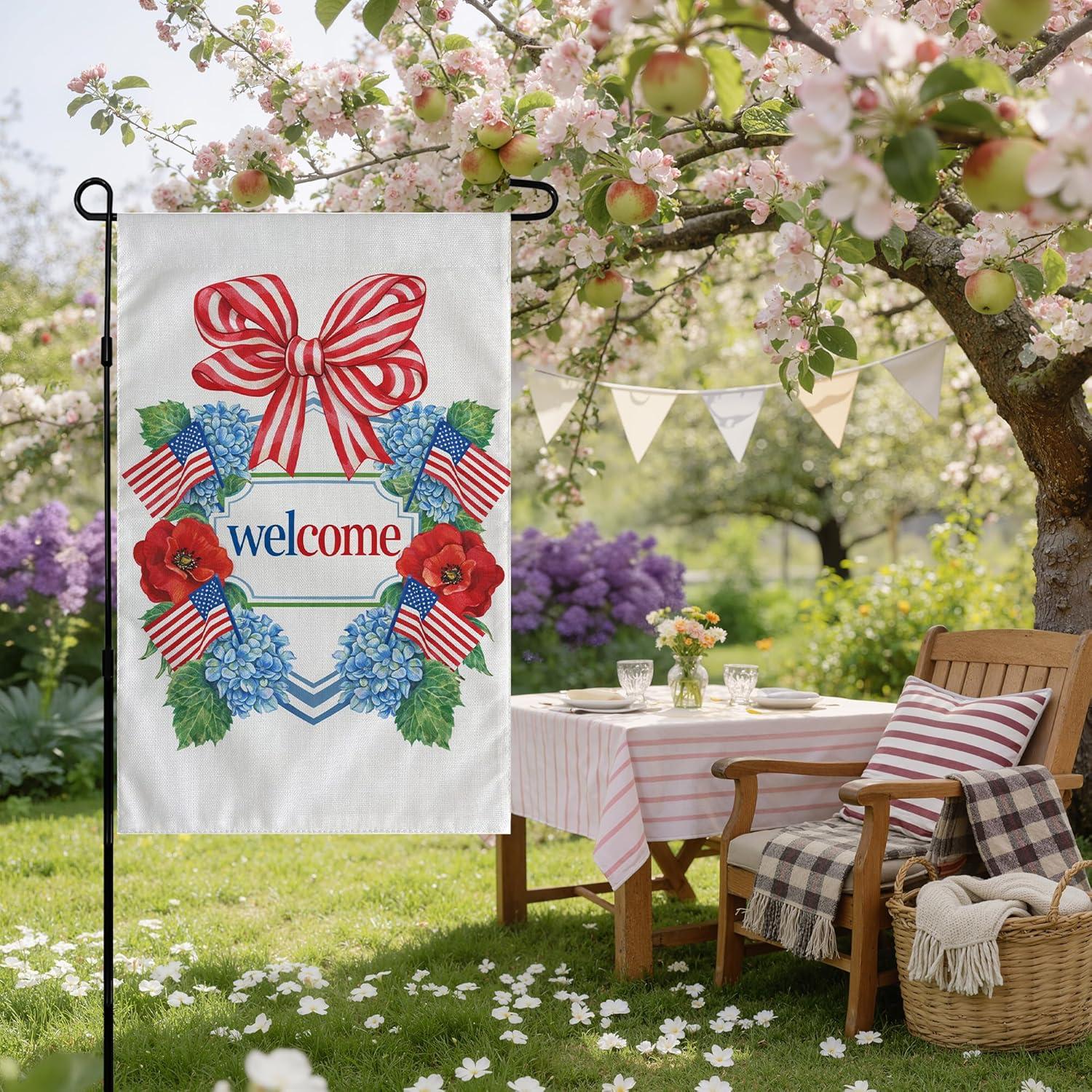 image:image4th of July Decorations Patriotic Stars Welcome Garden Flag Double Sided Fourth of July Accessories Patriotic Banner Memorial Day Decorations for Garden Yard Porch Patio Lawn Outdoor Outside DecorRed White Blue Green