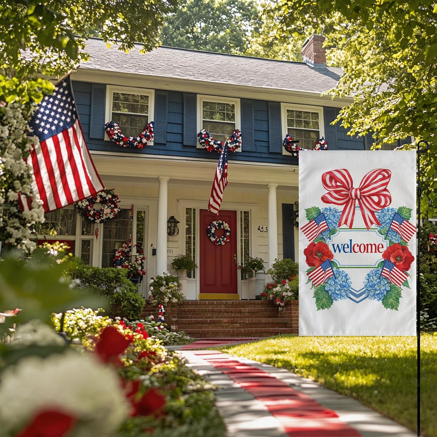 image:image4th of July Decorations Patriotic Stars Welcome Garden Flag Double Sided Fourth of July Accessories Patriotic Banner Memorial Day Decorations for Garden Yard Porch Patio Lawn Outdoor Outside DecorRed White Blue Green
