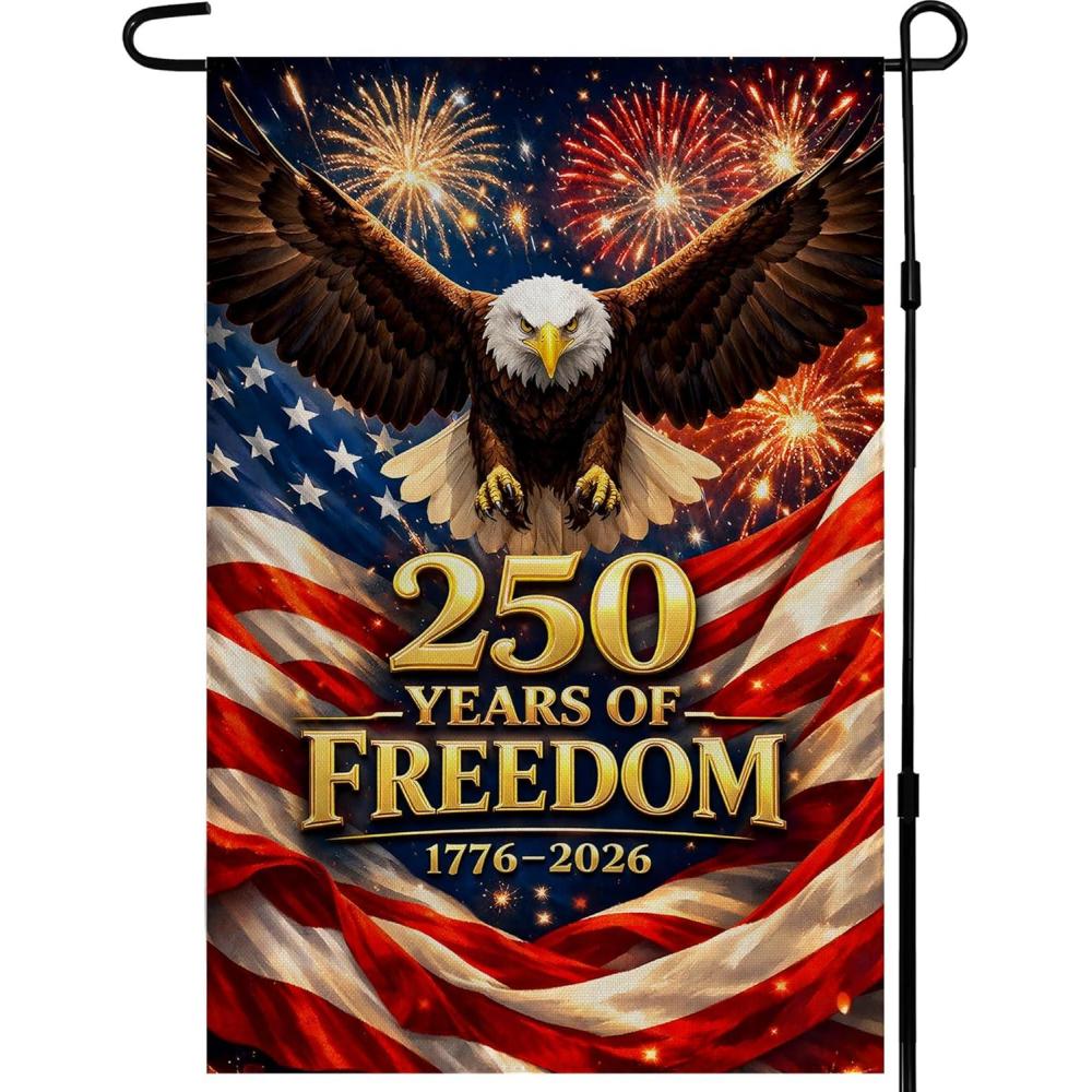 image:image4th of July Decorations 250th Anniversary Garden Flag 250 Years of Freedom Patriotic Banner Fourth of July Accessories for Garden Yard Porch Patio Lawn Outdoor Outside DecorRed Blue White