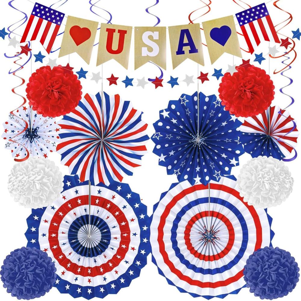 image:image4th of July Decorations  26 PCS Patriotic USA Banner Star Streamer Paper Fans Hanging Swirls Pompoms Set for Memorial Day  250th Anniversary Accessories Party Favors for Indoor Outdoor Home