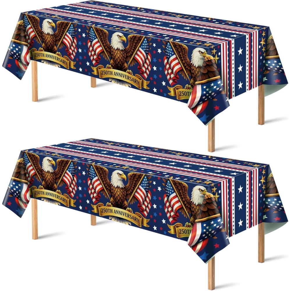 image:imageOHOME 4th of July Decorations  250th Anniversary Patriotic American Flag Plastic Tablecloth  Fourth of July Accessories for Home Outdoor Outside BBQ Picnic Party 86x51 2 PackBlue White Red