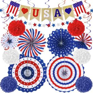 4th of July Decorations – 26 PCS Patriotic USA Banner Star Streamer Paper Fans Hanging Swirls Pompoms Set for Memorial Day | 250th Anniversary Accessories Party Favors for Indoor Outdoor Home
