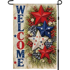 4th of July Decorations – Patriotic Stars Welcome Garden Flag | Double Sided Fourth of July Accessories Patriotic Banner | Memorial Day Decorations for Garden Yard Porch Patio Lawn Outdoor Outside Decor(Red Blue White)