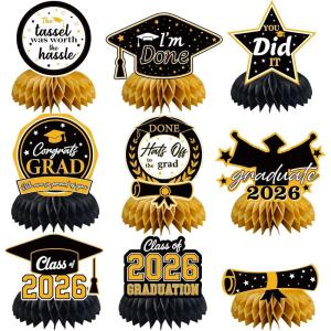 Hawaiian Luau Party Decorations – 9 PCS Hawaiian Luau Honeycomb Table Centerpiece for Tiki and Luau Hawaiian Party Favors Supplies | Tropical Party Decorations for Summer Beach Pool Birthday Wedding(Black graduation)