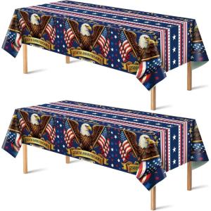 OHOME 4th of July Decorations – 250th Anniversary Patriotic American Flag Plastic Tablecloth | Fourth of July Accessories for Home Outdoor Outside BBQ Picnic Party, 86″x51″ 2 Pack(Blue White Red)