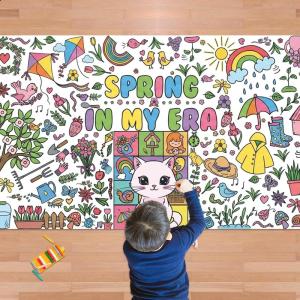 OHOME Summer Giant Coloring Poster/Tablecloth – Summer Toys | 30 x 72 Inches Jumbo Coloring Banner – Kids Crafts Activities Games Decor Party Favors Birthday Decorations for Classroom School(Spring)