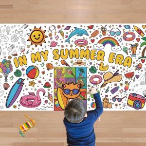 OHOME Summer Giant Coloring Poster/Tablecloth – Summer Toys | 30 x 72 Inches Jumbo Coloring Banner – Kids Crafts Activities Games Decor Party Favors Birthday Decorations for Classroom School(Summer)