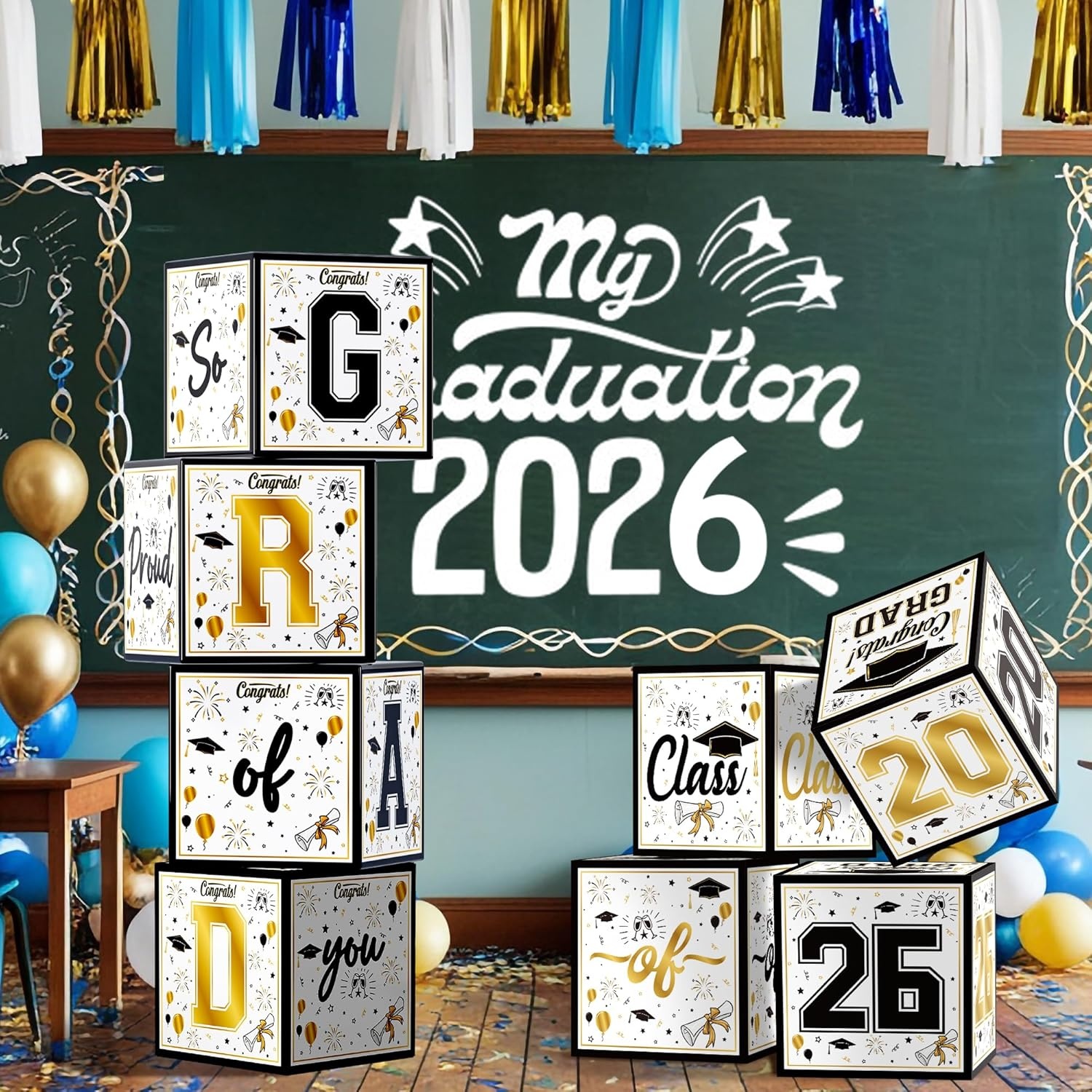 image:imageOHOME 8 Pack Graduation Decorations 2026 Graduation Party Decorations 2026 Balloon Boxes for Class of 2026 Party Favors Supplies Yard Signs Banner Backdrop Decor RedBlack