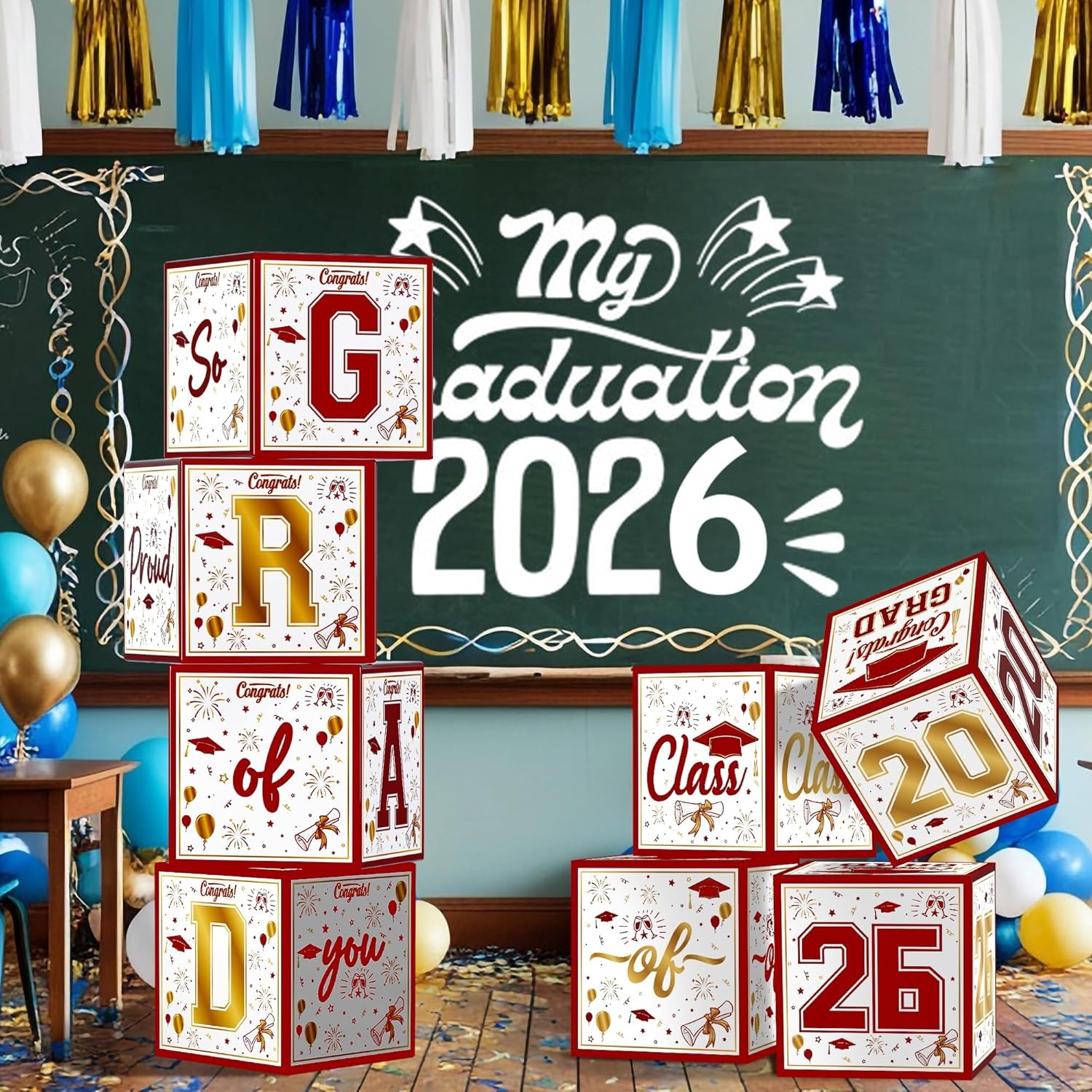 image:imageOHOME 8 Pack Graduation Decorations 2026 Graduation Party Decorations 2026 Balloon Boxes for Class of 2026 Party Favors Supplies Yard Signs Banner Backdrop Decor RedRed