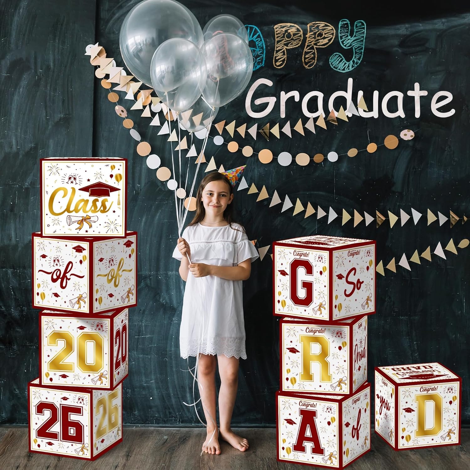 image:imageOHOME 8 Pack Graduation Decorations 2026 Graduation Party Decorations 2026 Balloon Boxes for Class of 2026 Party Favors Supplies Yard Signs Banner Backdrop Decor RedRed