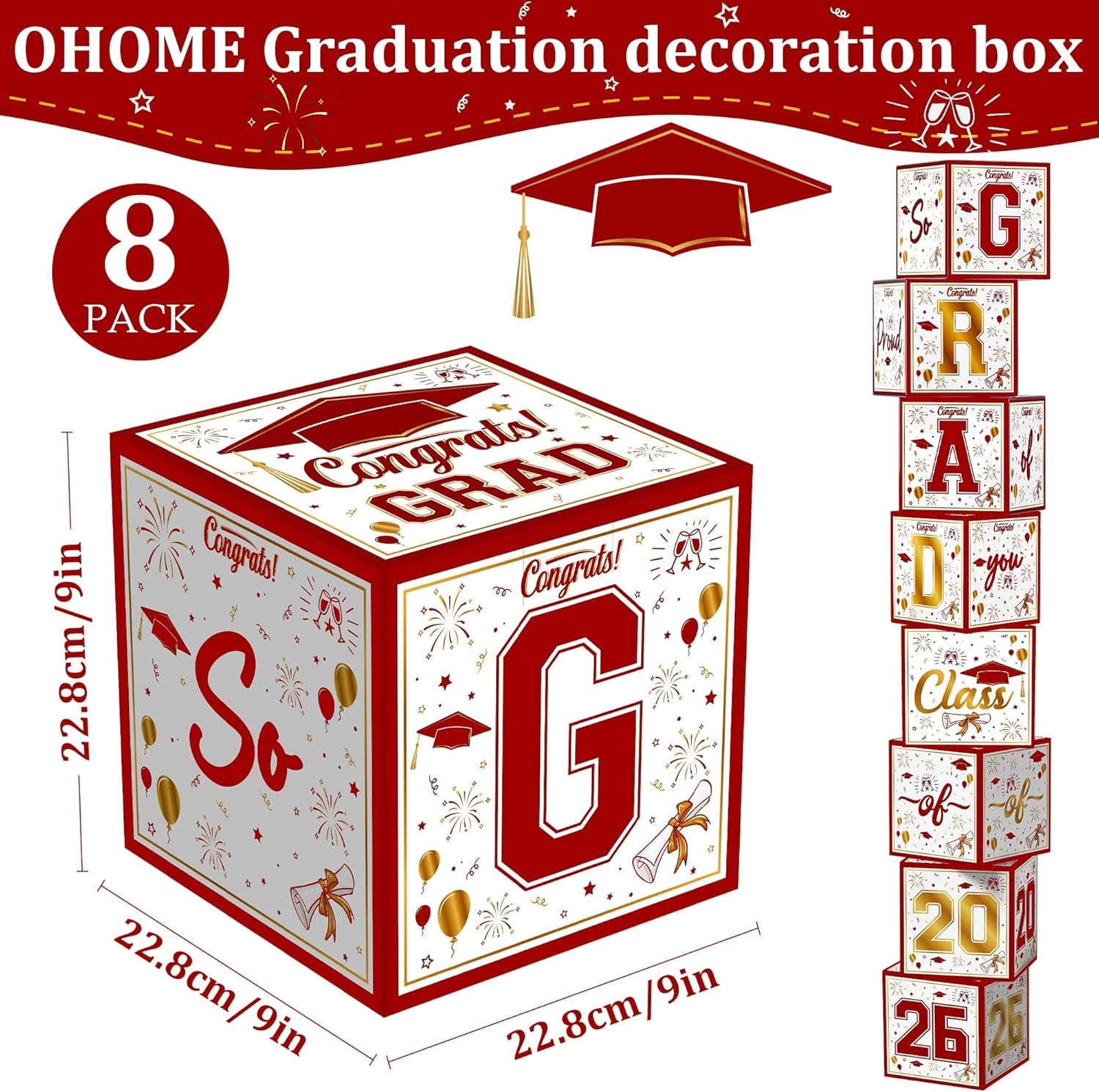 image:imageOHOME 8 Pack Graduation Decorations 2026 Graduation Party Decorations 2026 Balloon Boxes for Class of 2026 Party Favors Supplies Yard Signs Banner Backdrop Decor RedRed