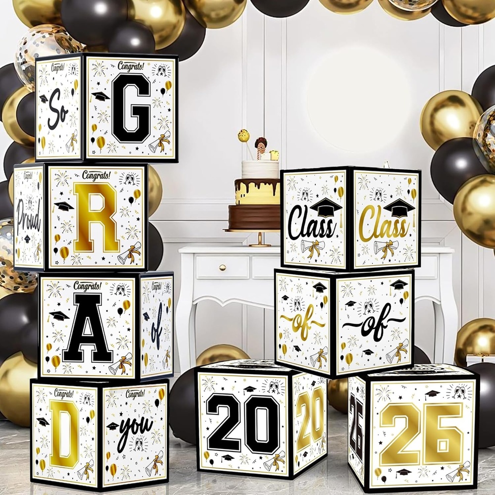 image:imageOHOME 8 Pack Graduation Decorations 2026 Graduation Party Decorations 2026 Balloon Boxes for Class of 2026 Party Favors Supplies Yard Signs Banner Backdrop Decor RedBlack
