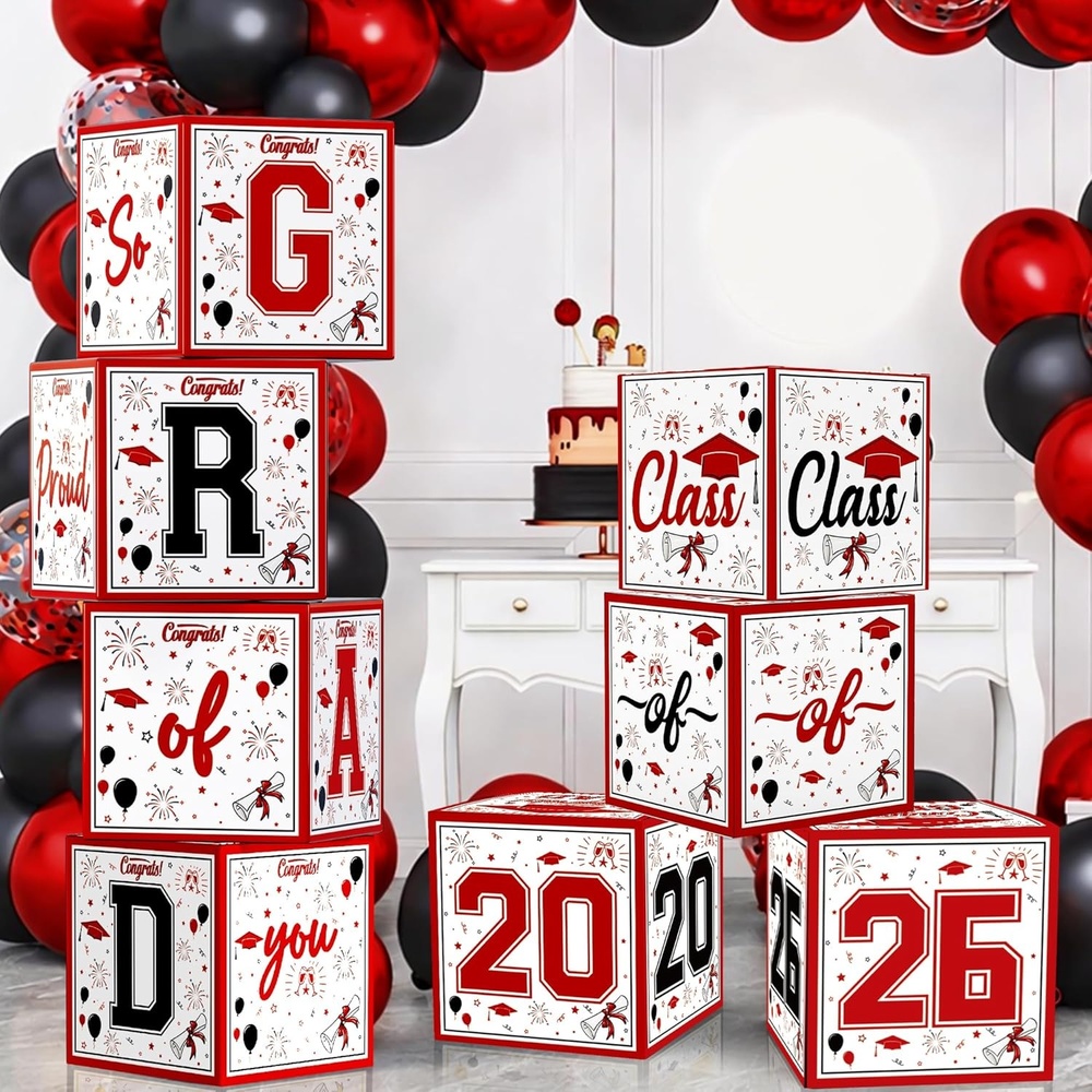 image:imageOHOME 8 Pack Graduation Decorations 2026 Graduation Party Decorations 2026 Balloon Boxes for Class of 2026 Party Favors Supplies Yard Signs Banner Backdrop Decor RedRed