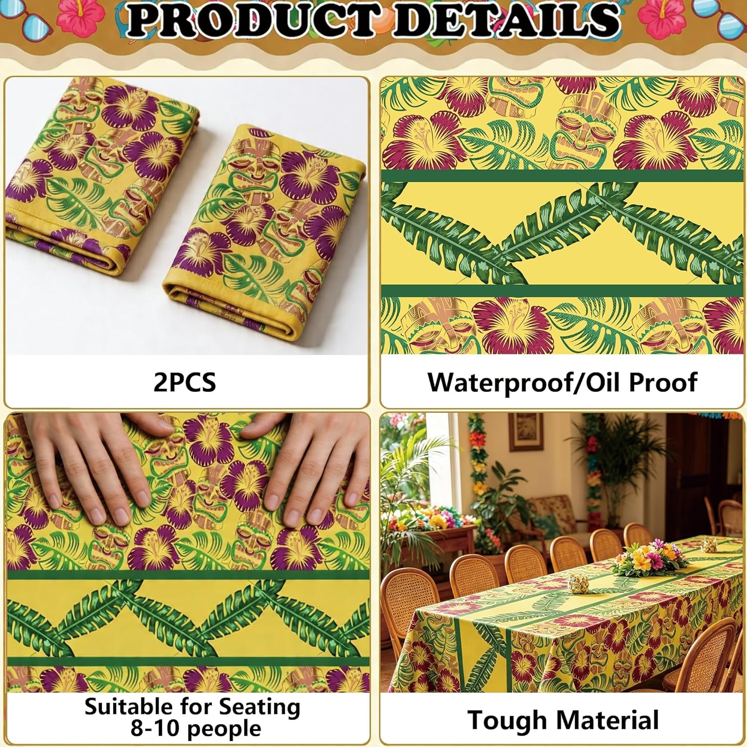 image:imageOHOME Luau Party Decorations Plastic Tablecloth for Summer Party Decorations Hawaiian Theme Decor for Tropical Beach Pool Birthday Backdrop Favors Supplies 2 PackTropical Yellow