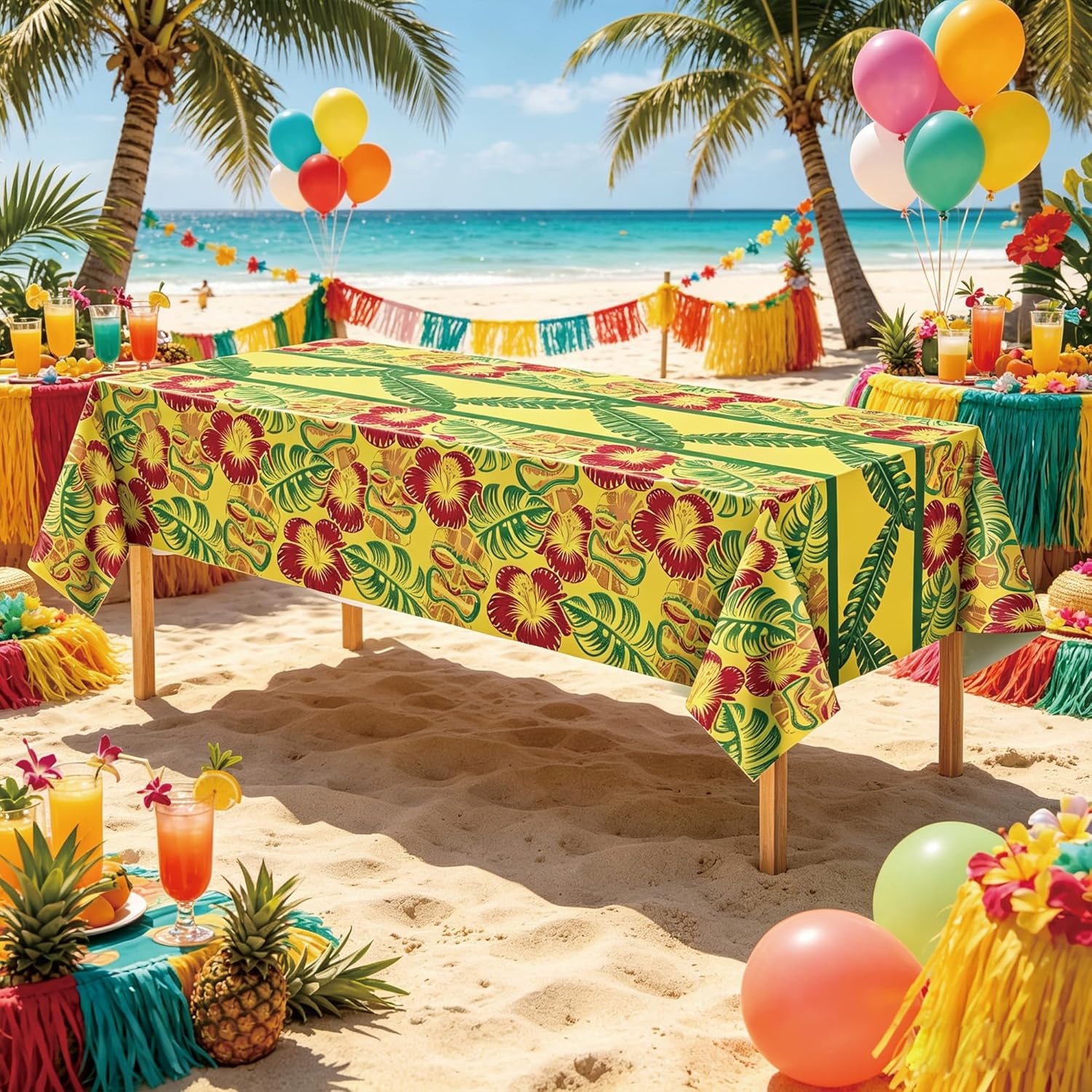 image:imageOHOME Luau Party Decorations Plastic Tablecloth for Summer Party Decorations Hawaiian Theme Decor for Tropical Beach Pool Birthday Backdrop Favors Supplies 2 PackTropical Yellow