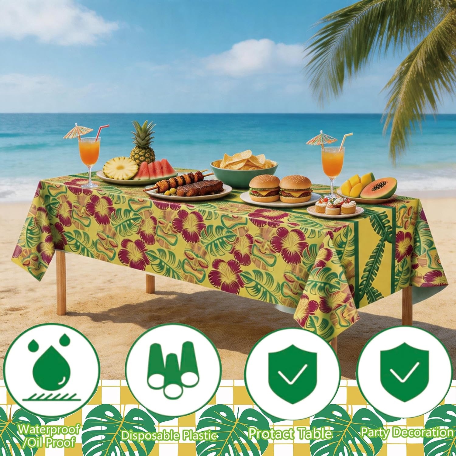 image:imageOHOME Luau Party Decorations Plastic Tablecloth for Summer Party Decorations Hawaiian Theme Decor for Tropical Beach Pool Birthday Backdrop Favors Supplies 2 PackTropical Yellow