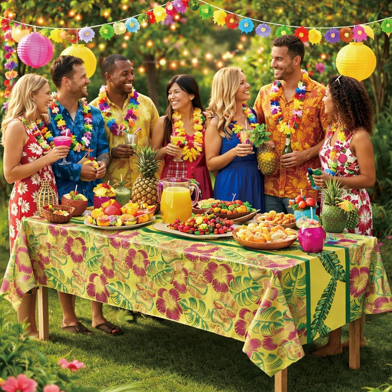 image:imageOHOME Luau Party Decorations Plastic Tablecloth for Summer Party Decorations Hawaiian Theme Decor for Tropical Beach Pool Birthday Backdrop Favors Supplies 2 PackTropical Yellow